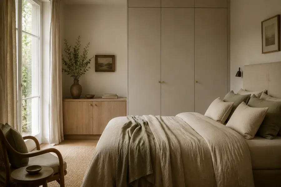 Chambre calme avec lumière douce et couleurs naturelles