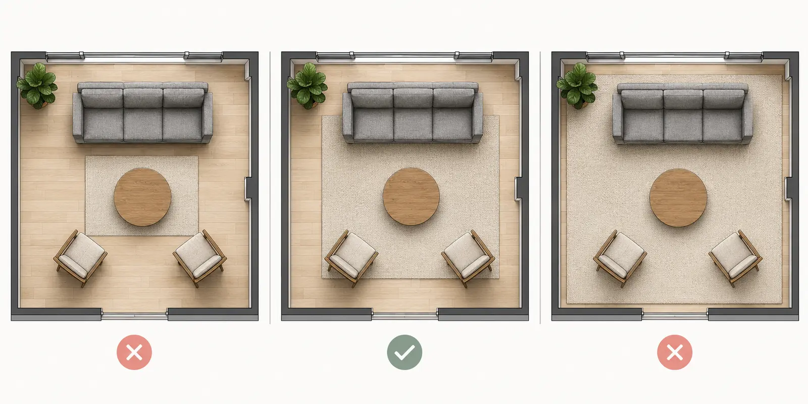 Comparatif en plan d’un tapis trop petit, bien dimensionné et trop grand