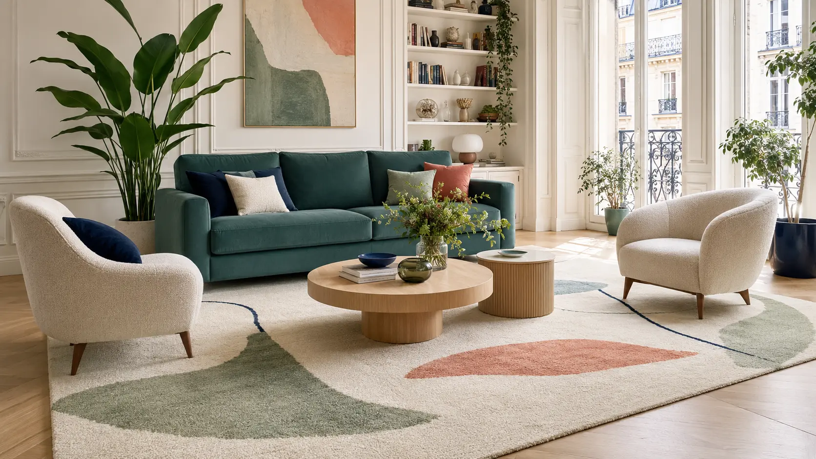 Salon sur mesure avec tapis bien proportionné