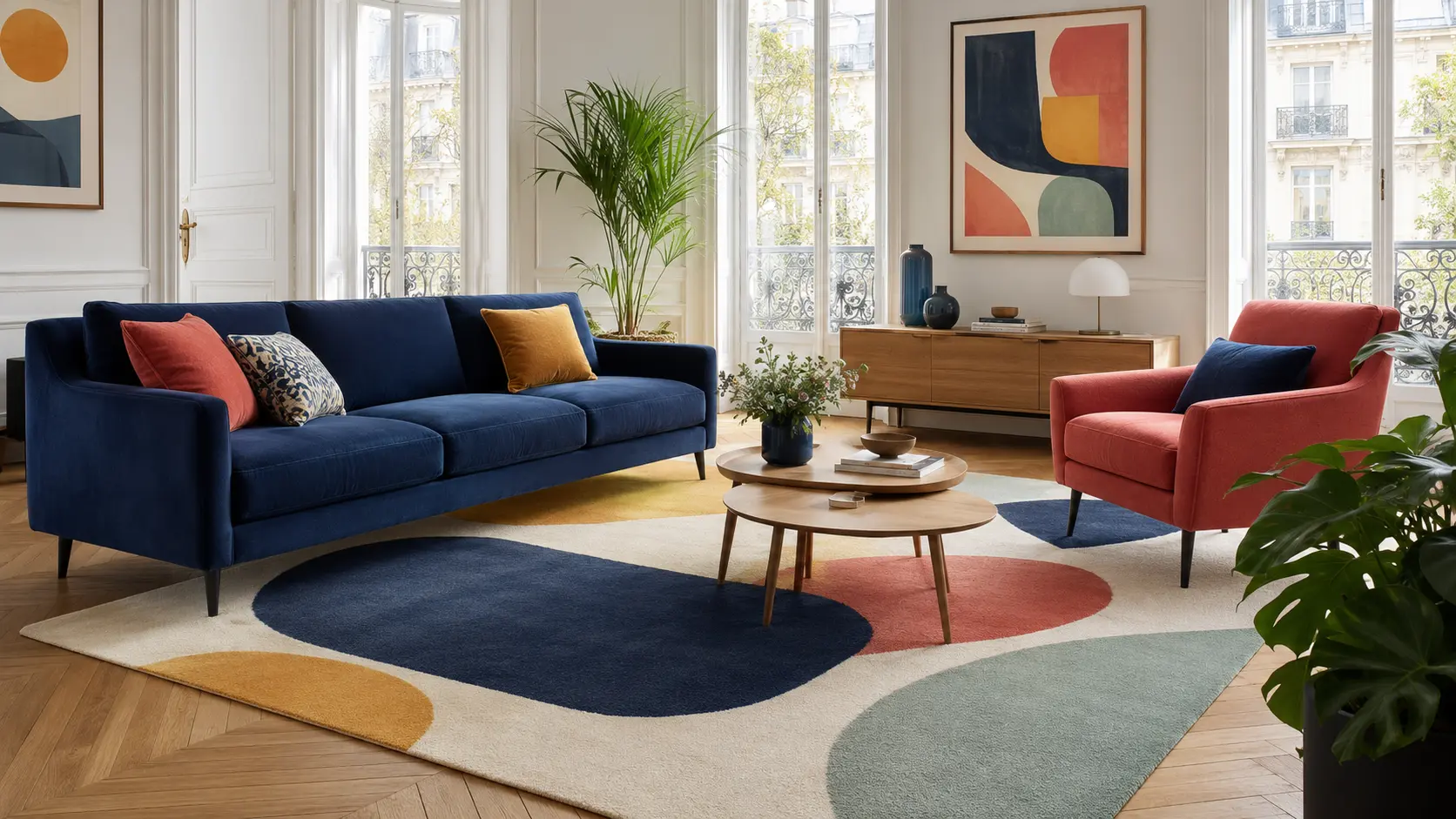 Salon avec tapis adapté aux dimensions