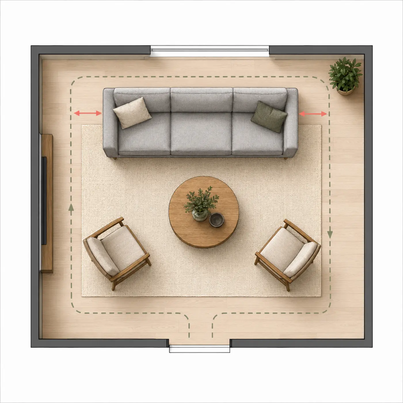Plan vu du dessus d’un salon avec tapis correctement dimensionné
