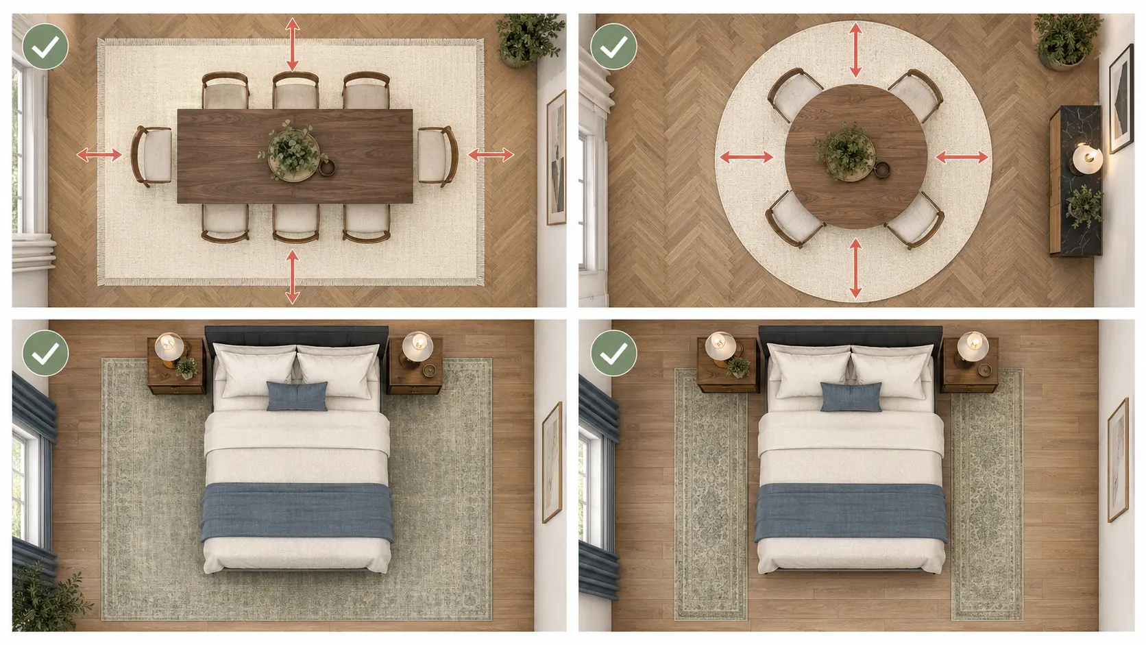 Schémas de tapis sous une table rectangulaire, une table ronde et autour d’un lit
