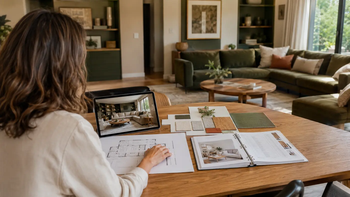 Architecte consultant un plan 2D, un moodboard, une shopping list et un rendu 3D