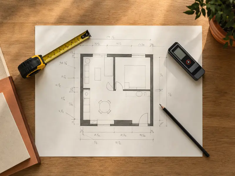 Plan de pièce, mètre ruban et télémètre laser