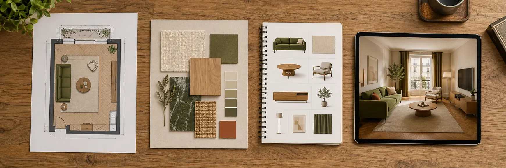 Plan 2D, moodboard, shopping list et rendu 3D du même salon