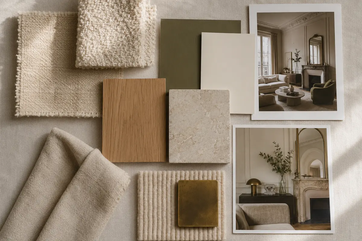 Moodboard d’intérieur avec tissus, bois, pierre et couleurs olive