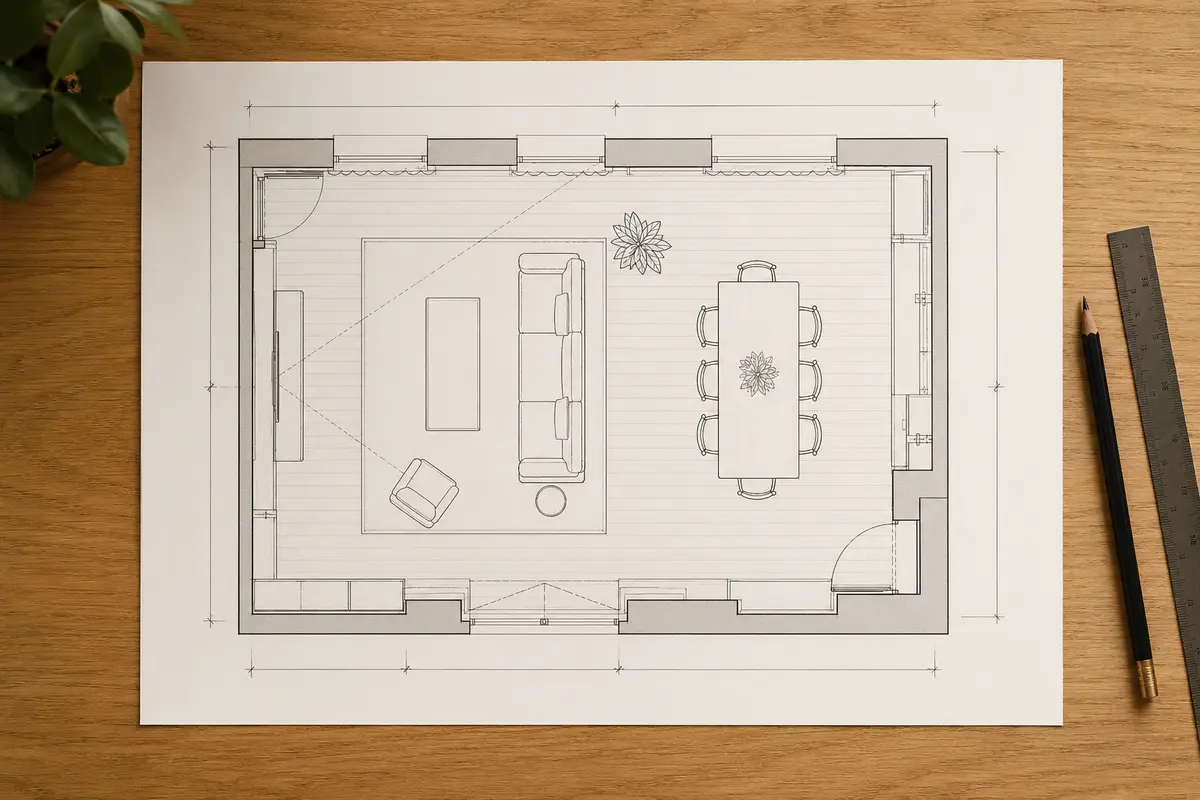Plan 2D coté d’un salon avec mobilier et circulation