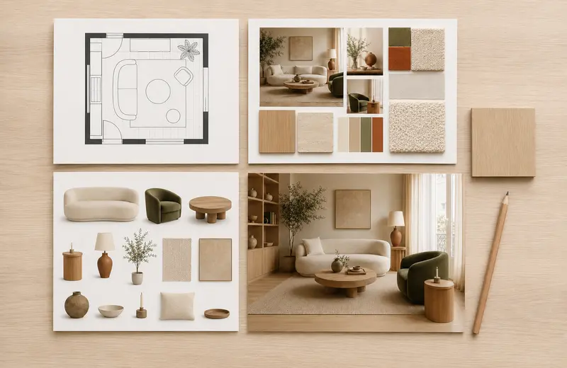 Plan 2D, moodboard, sélection de mobilier et rendu 3D d’un projet