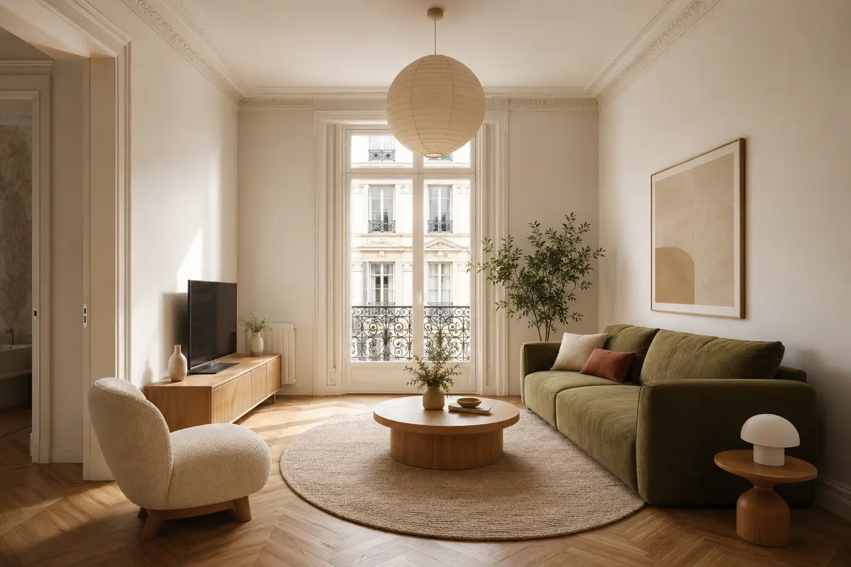 Rendu 3D réaliste d’un salon parisien beige et olive