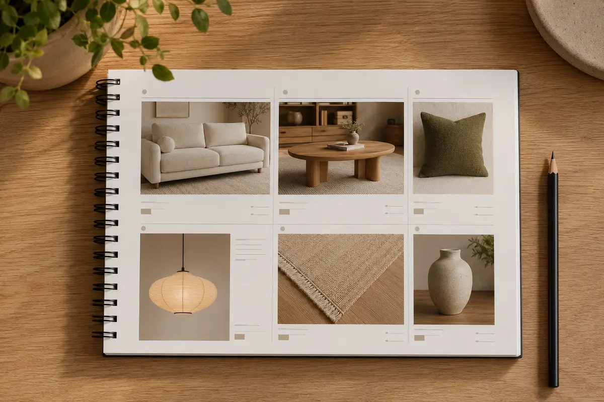 Shopping list déco avec canapé, table, luminaire, tapis et accessoires
