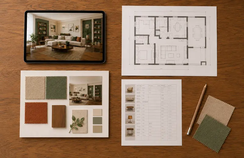 Plan 2D, moodboard, shopping list et rendu 3D disposés sur une table
