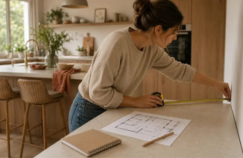 Prise de mesures dans une cuisine avant de dessiner le plan