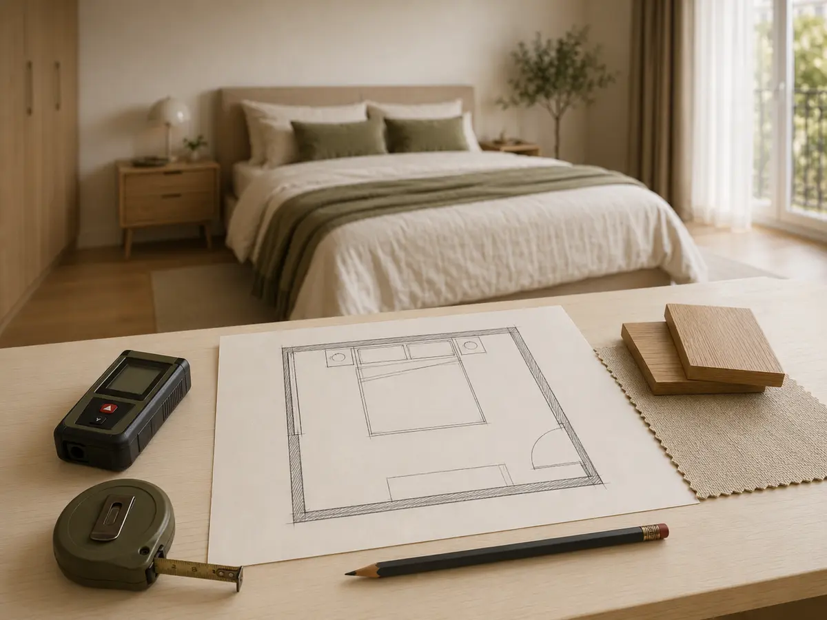 Plan, télémètre et mètre ruban devant une chambre