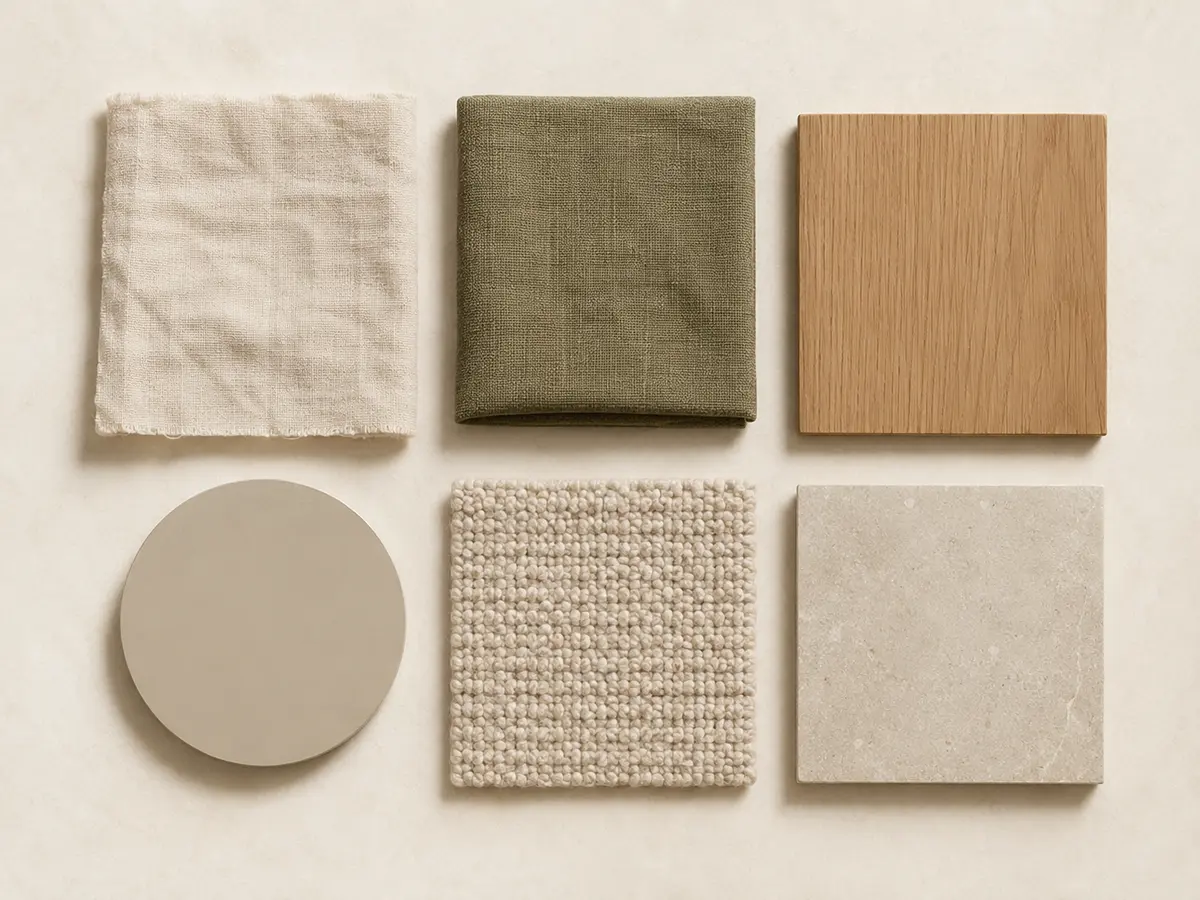 Moodboard de chambre en lin, bois clair et vert olive