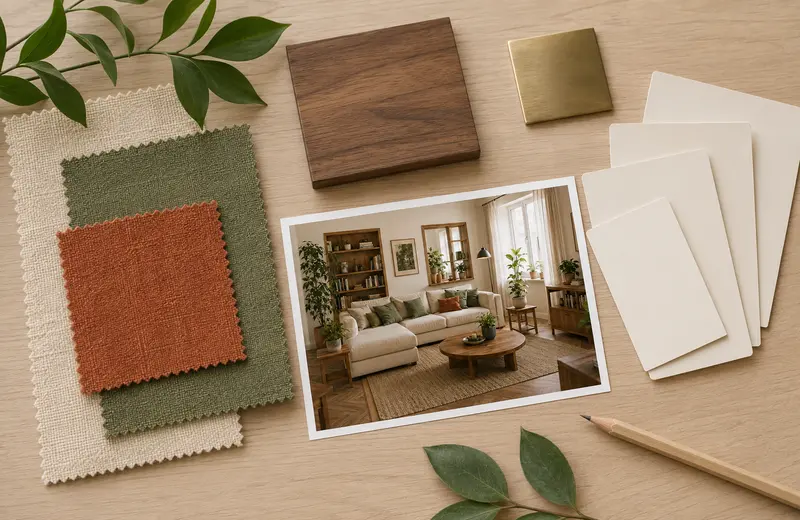 Moodboard avec tissus, bois, pierre et palette olive