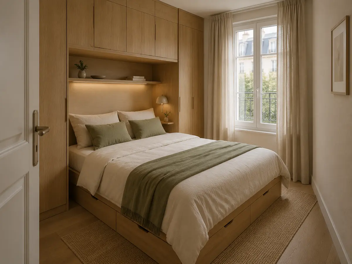 Petite chambre avec rangements intégrés autour du lit