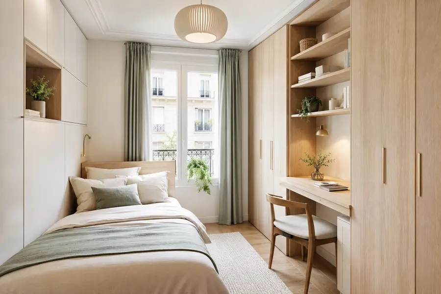 Petite chambre optimisée avec rangements toute hauteur