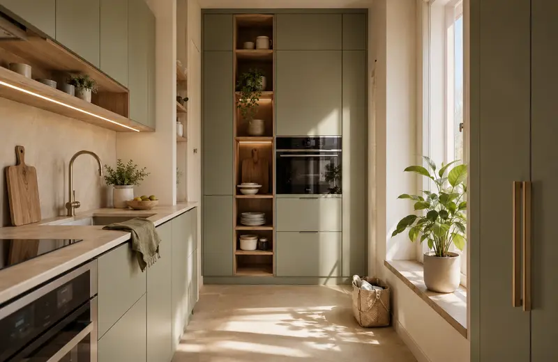 Petite cuisine verte avec rangements intégrés et circulation dégagée