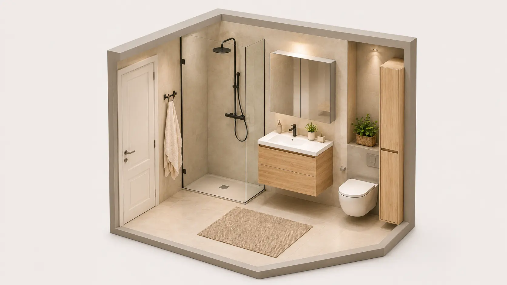 Vue 3D d’un agencement optimisé de petite salle de bain