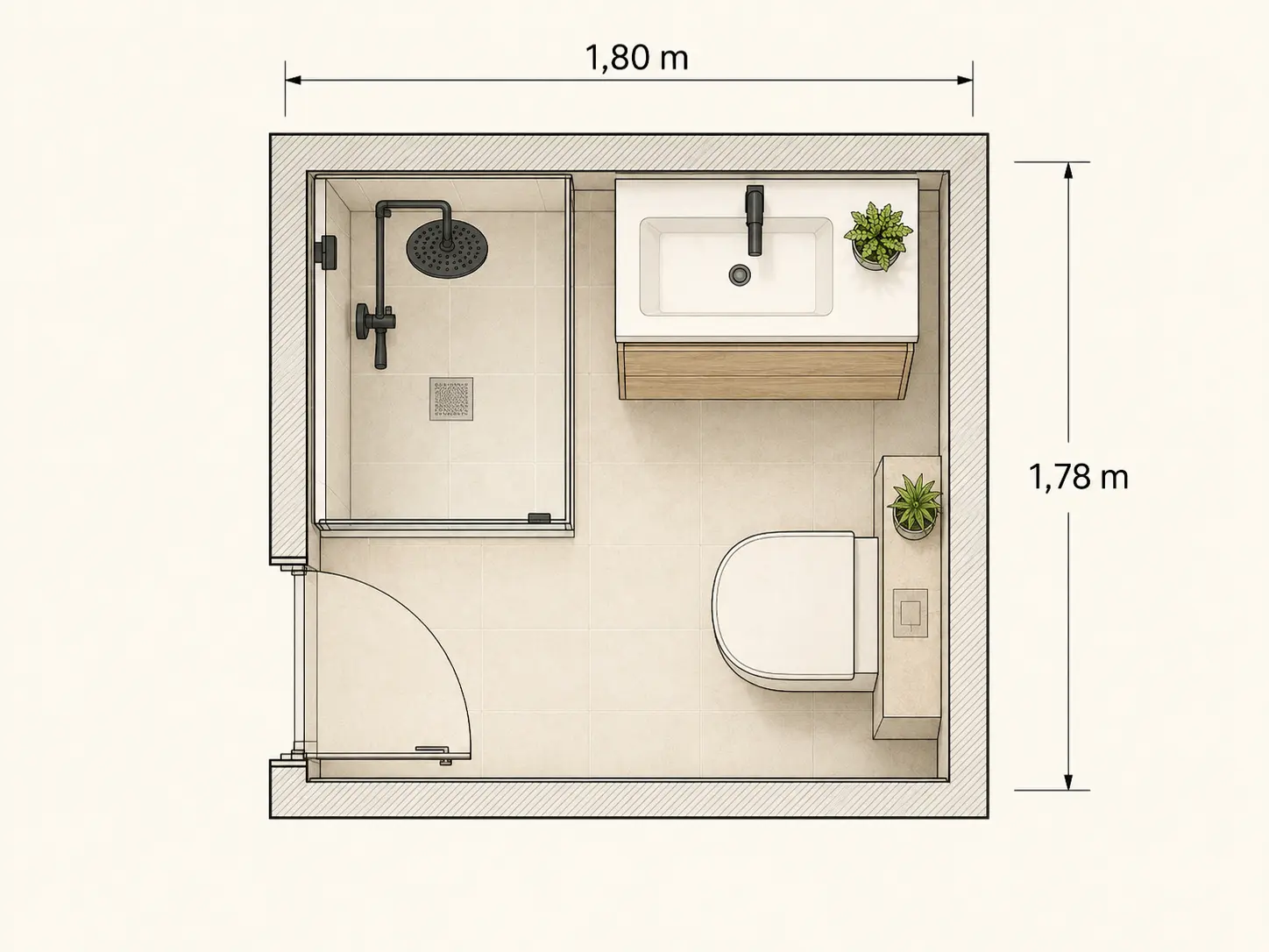 Plan coté d’une petite salle de bain de 1,80 mètre par 1,78 mètre