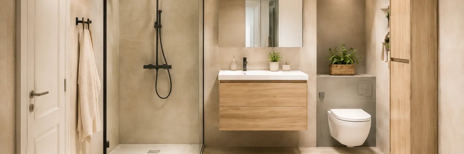 Petite salle de bain optimisée avec douche, meuble vasque suspendu et rangements en hauteur