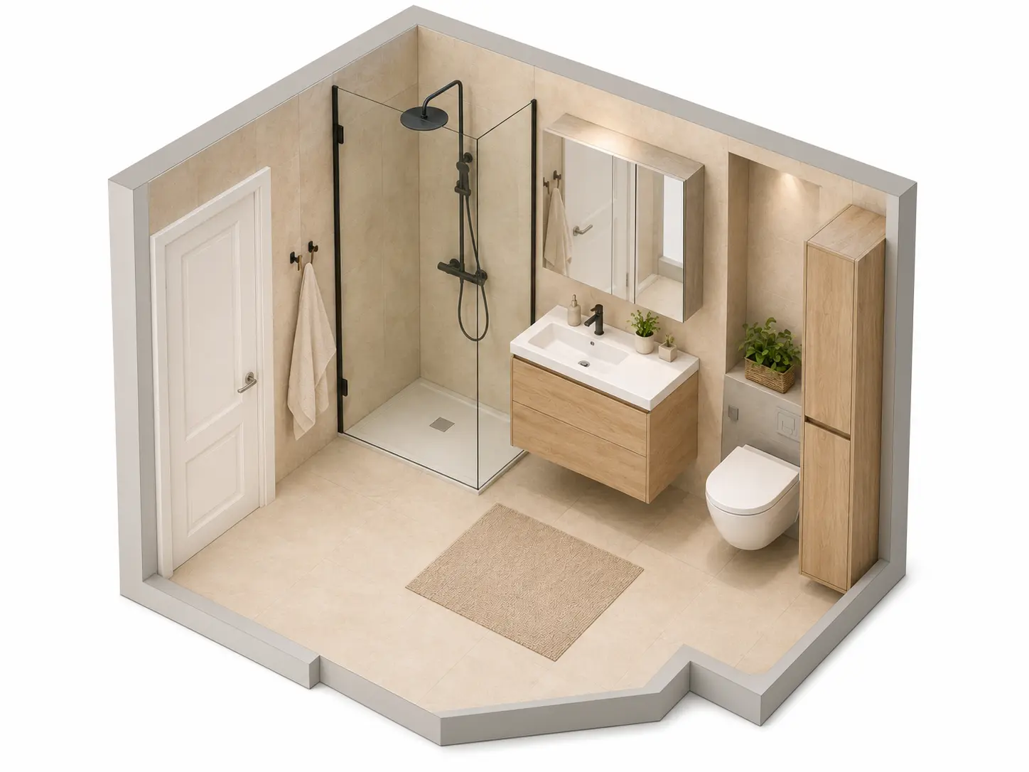 Vue 3D isométrique des six zones d’une petite salle de bain