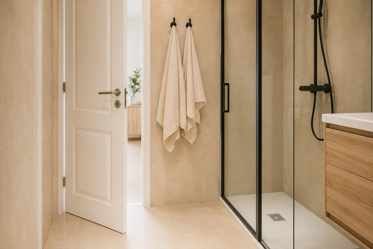 Entrée et débattement de porte dans une petite salle de bain