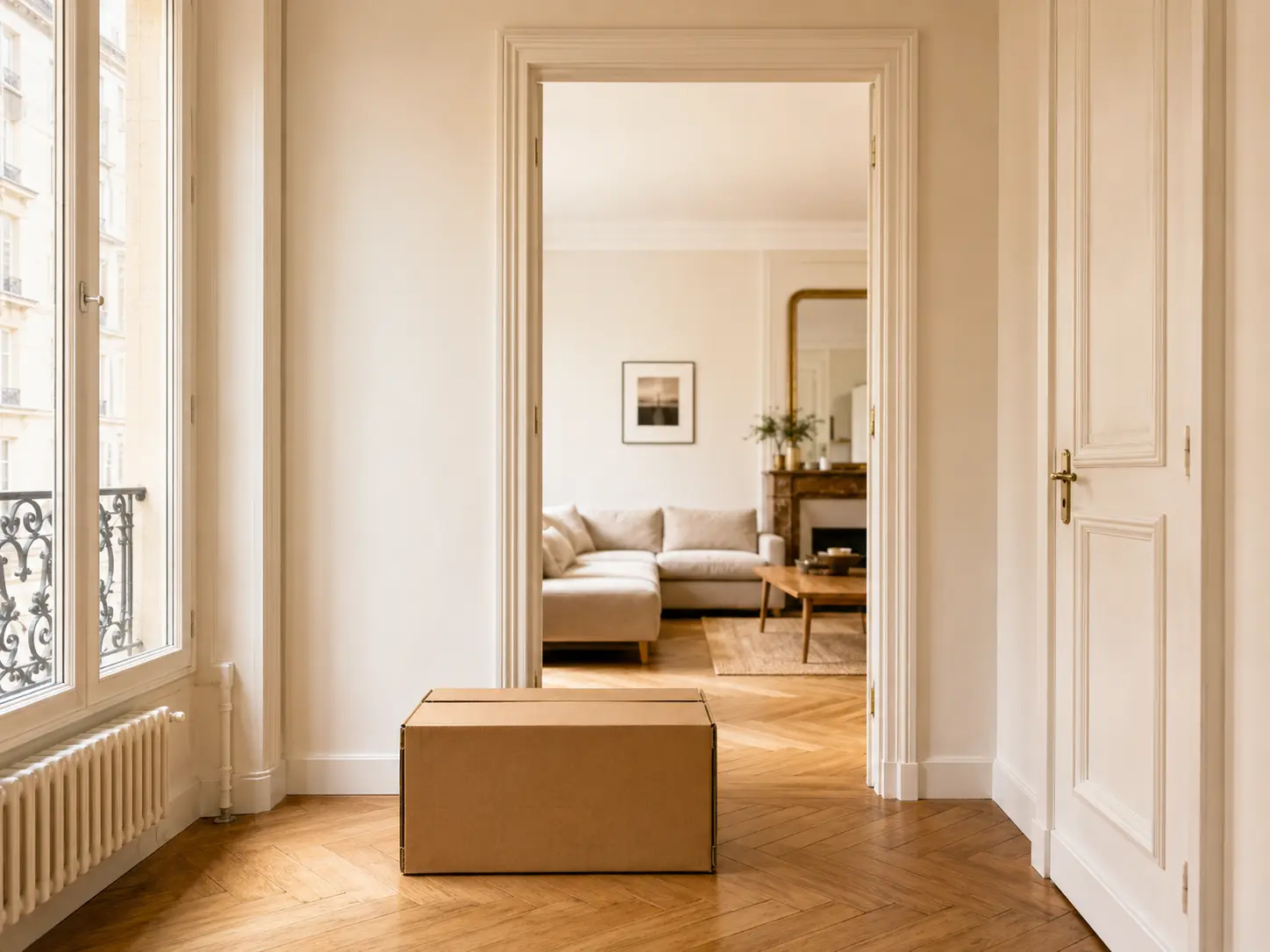 Colis de meuble devant une porte d’appartement