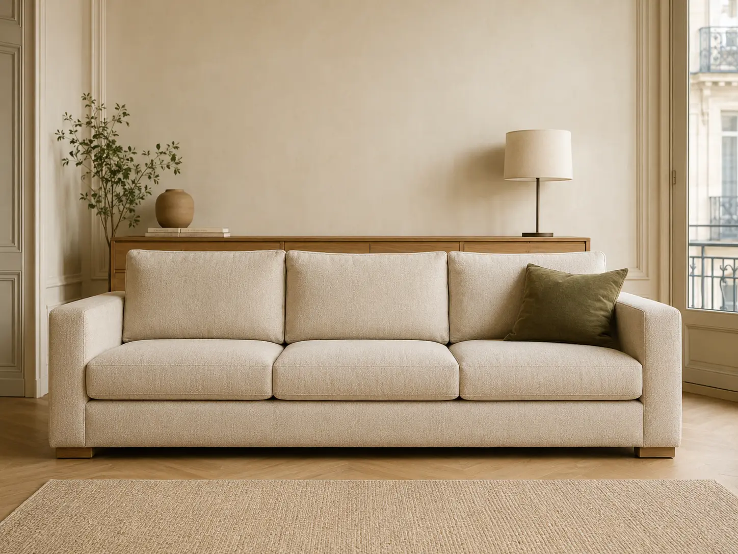 Canapé beige dans une pièce avec repères de dimensions