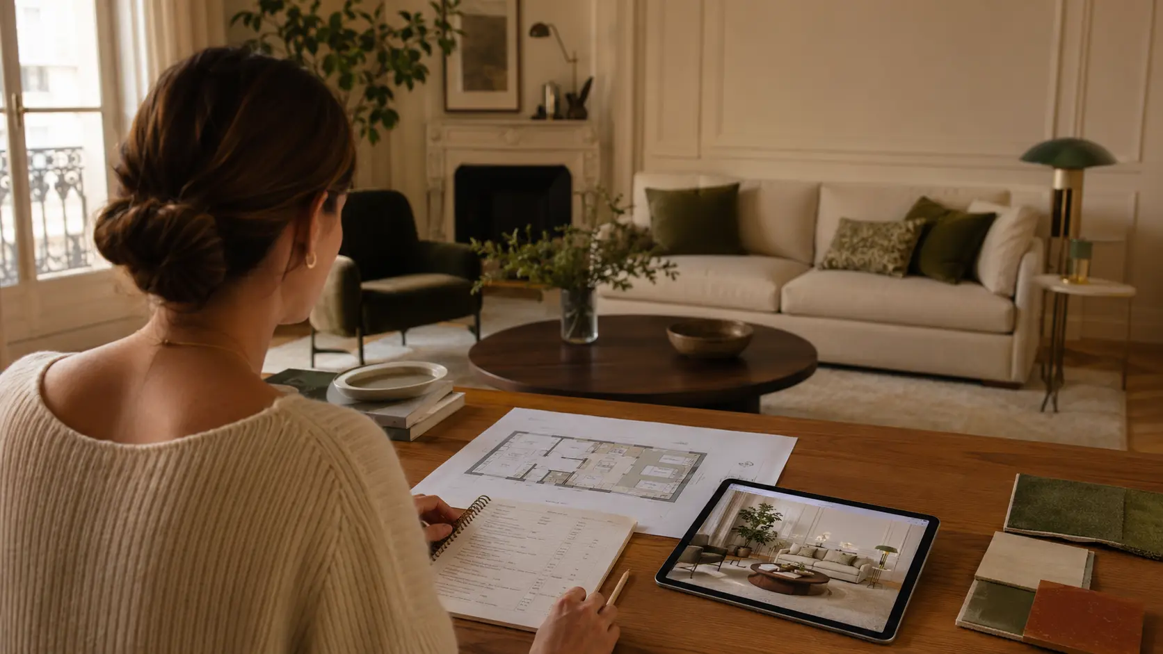 Architecte d’intérieur contrôlant une shopping list, un plan et un rendu 3D