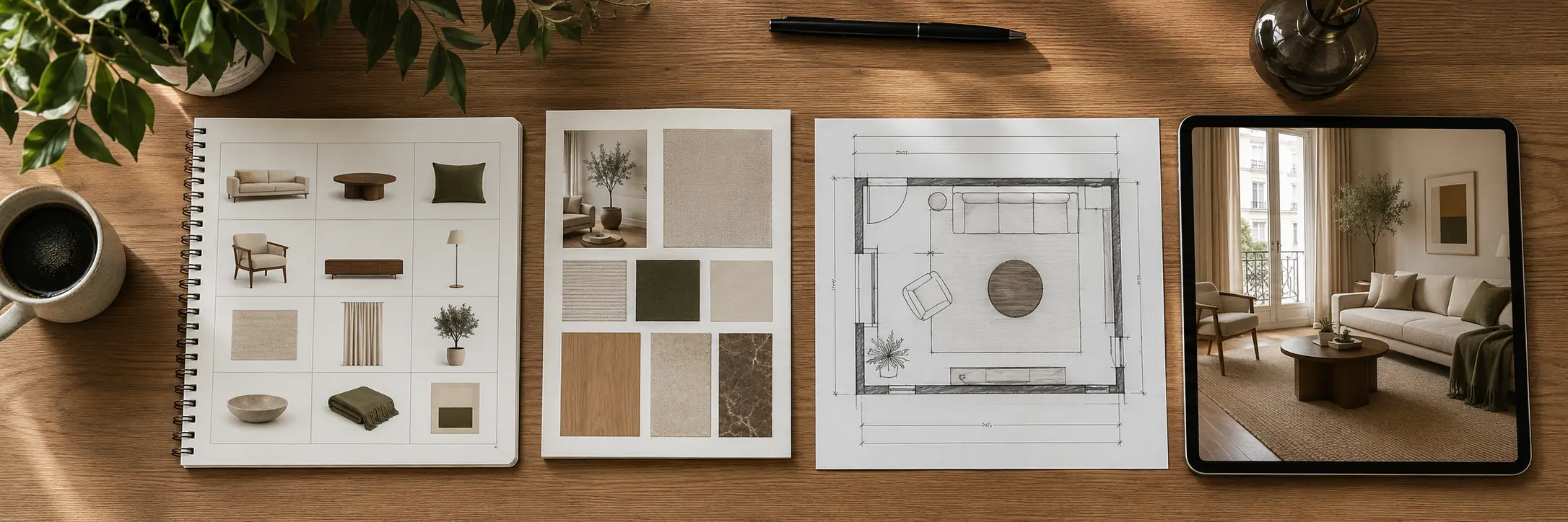 Shopping list, moodboard, plan 2D et rendu 3D du même salon