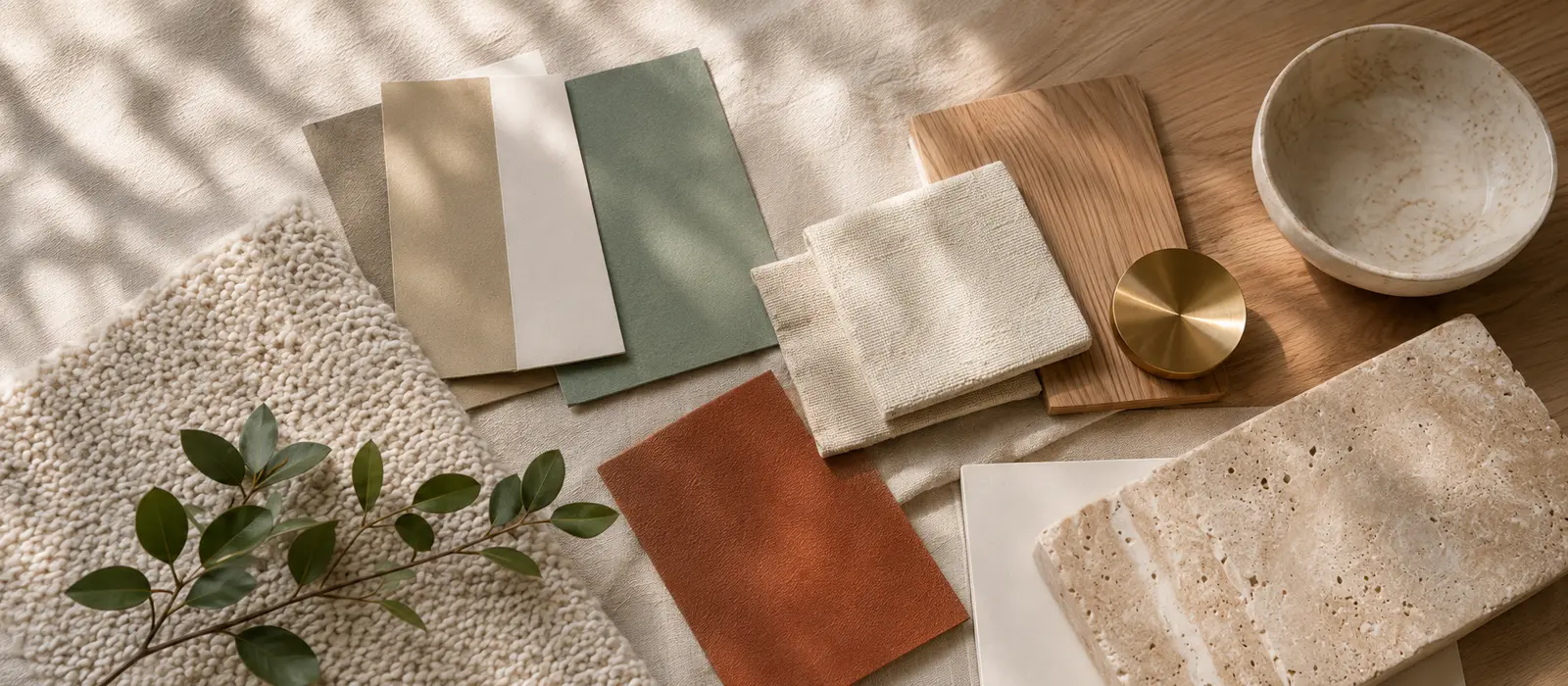 Palette de couleurs et échantillons de bois, lin, bouclé, travertin et laiton