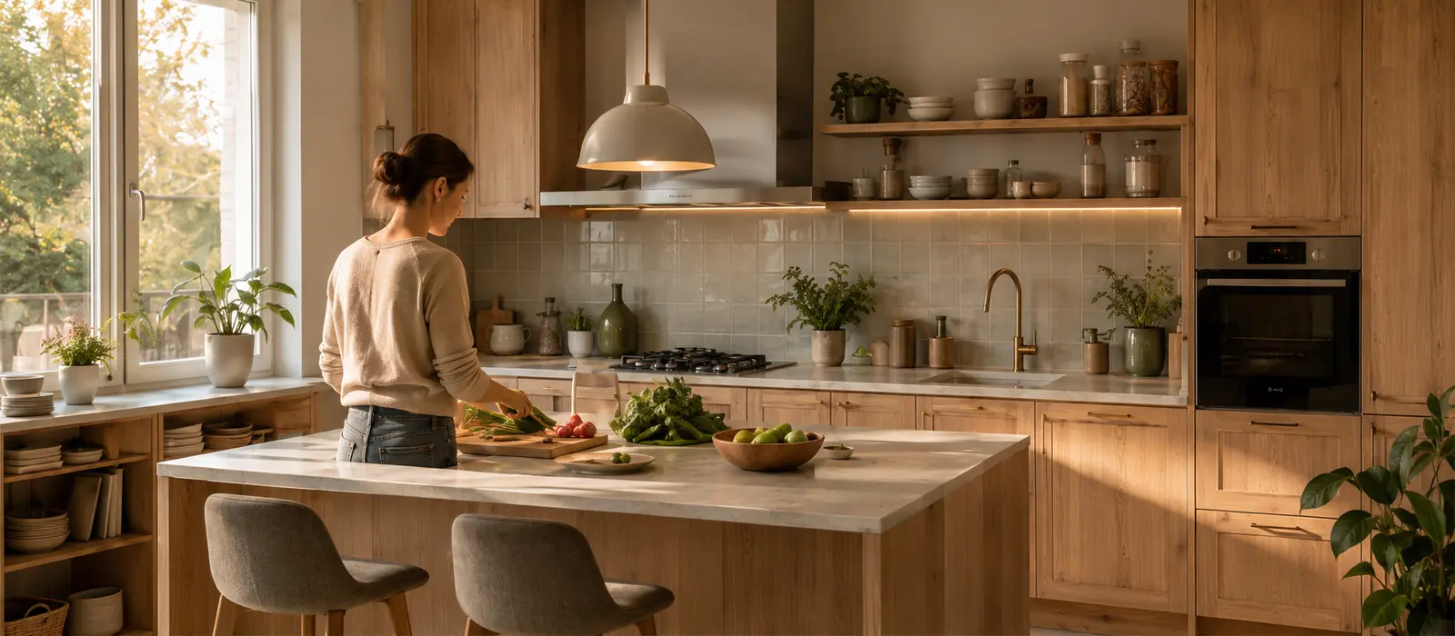 Cuisine fonctionnelle en bois avec îlot central et zones de préparation bien organisées