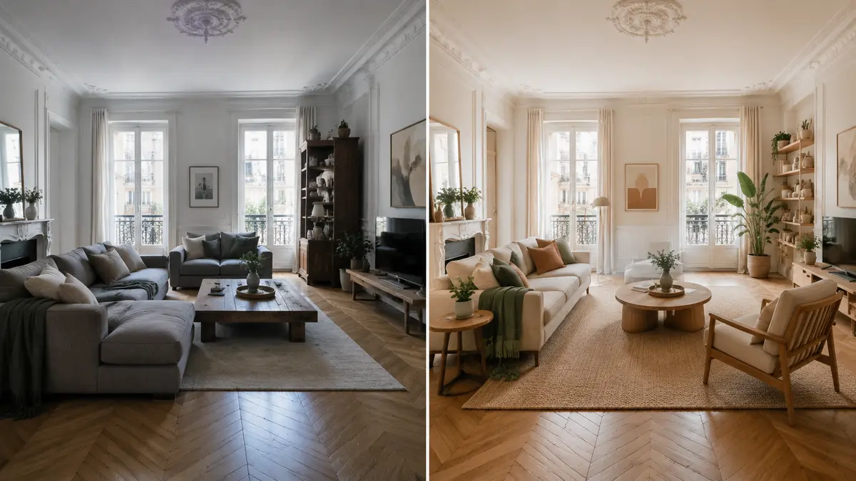 Même salon surchargé puis adapté aux volumes et à la lumière réelle