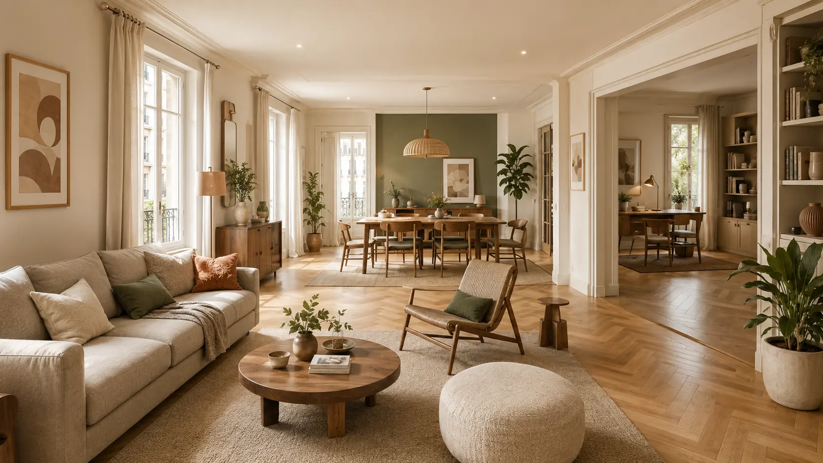 Salon, salle à manger et bureau conçus comme un ensemble cohérent