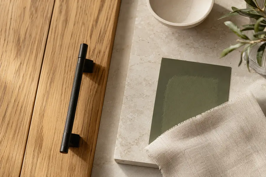 Échantillons de bois, pierre, métal et peinture pour une cuisine