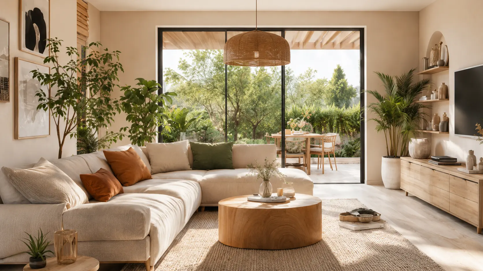 Salon lumineux ouvert sur un jardin, aménagé dans des tons naturels et du bois clair