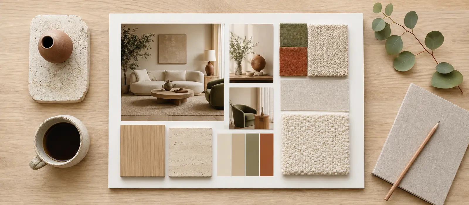 Moodboard de décoration intérieure avec palette de couleurs, matières et photos d’inspiration