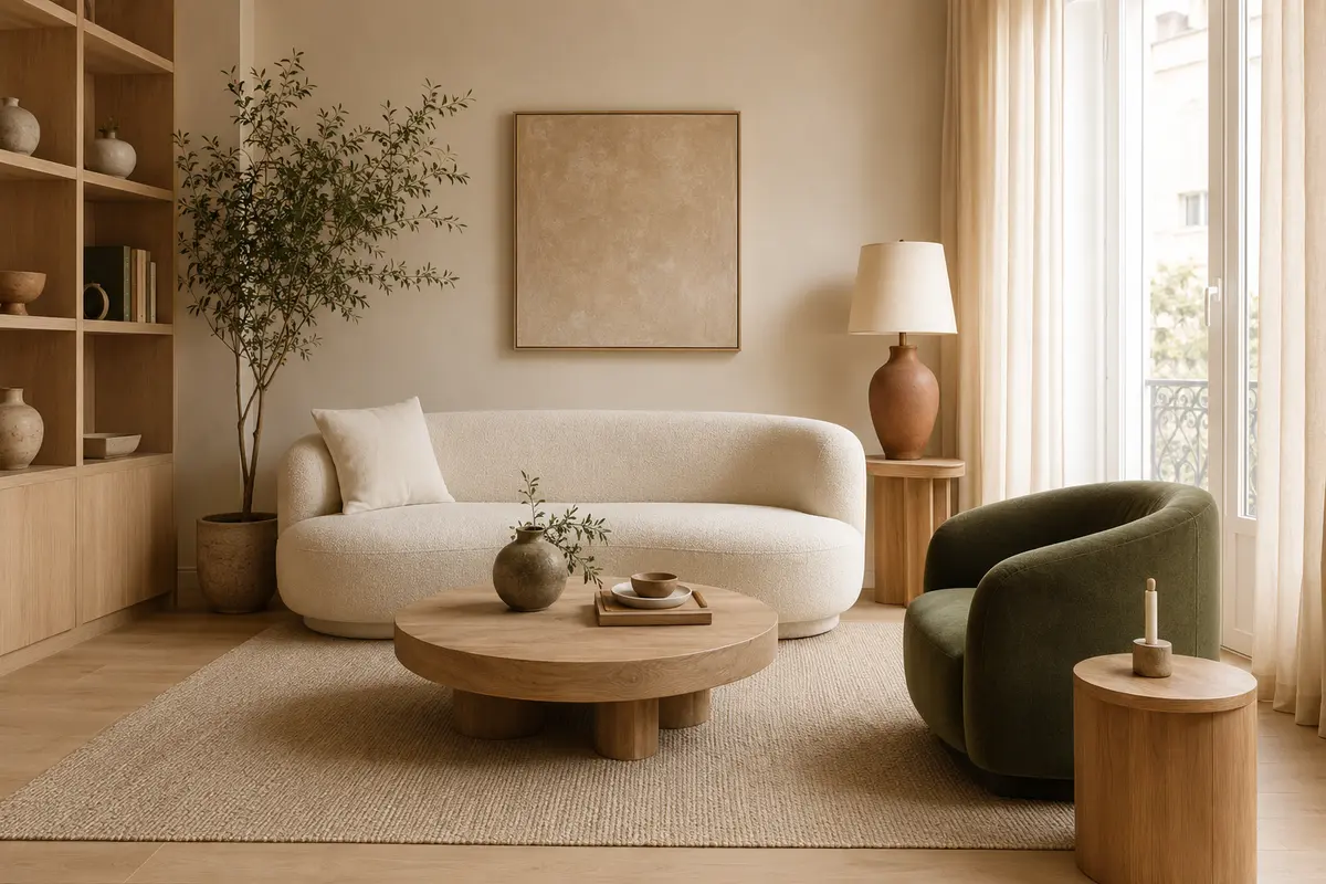 Salon cohérent créé à partir d’un moodboard aux tons crème, bois et vert olive