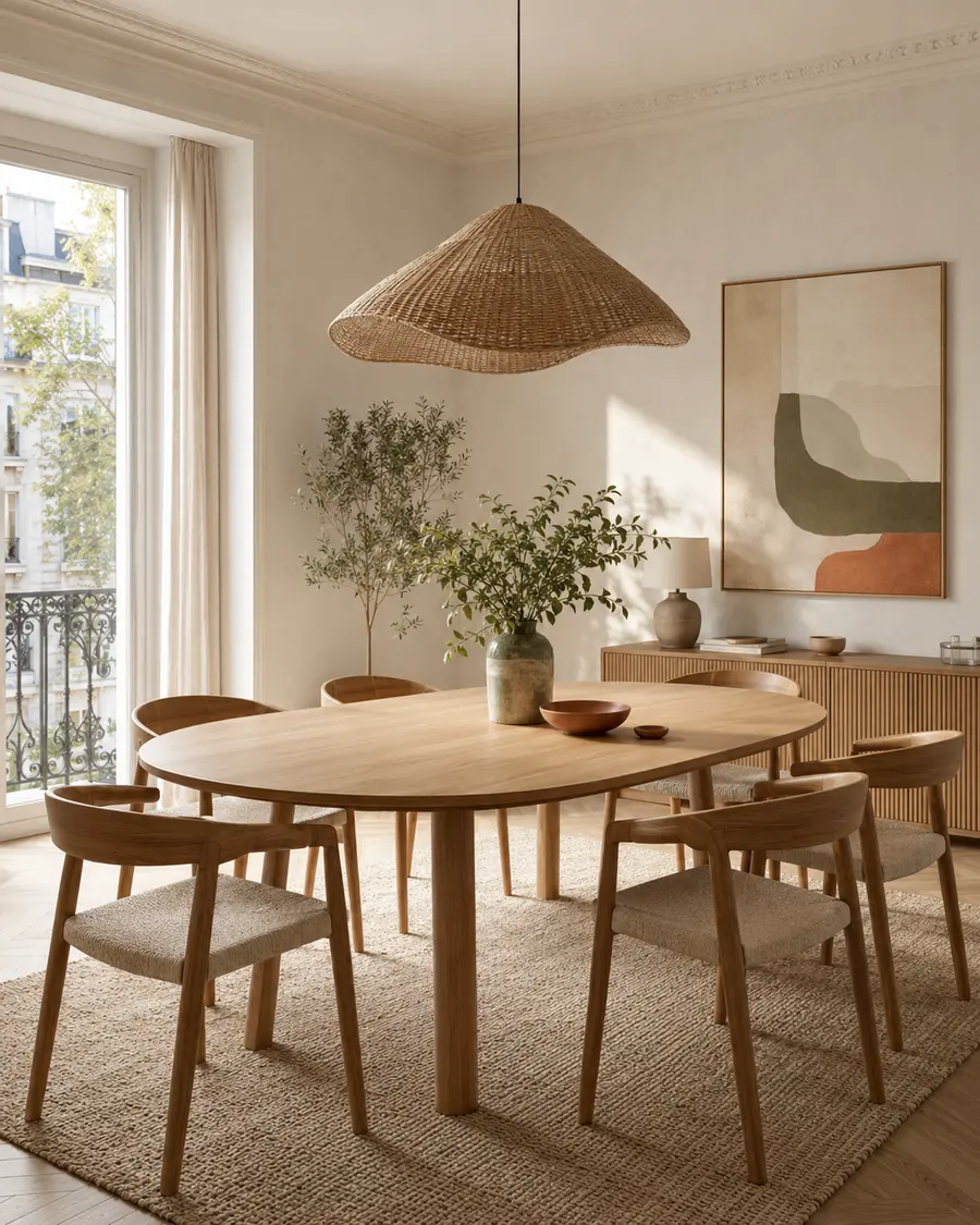 Salle à manger pensée dans des tons naturels
