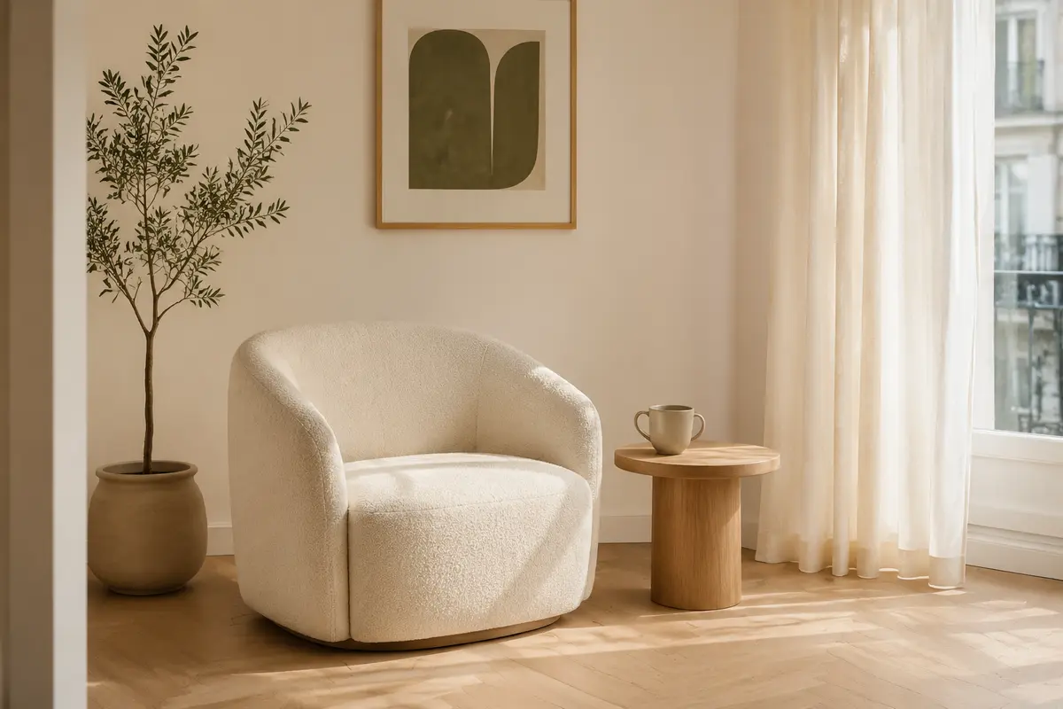 Coin salon calme avec fauteuil clair