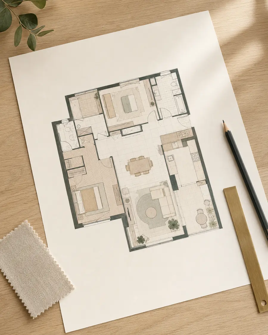 Plan d’aménagement posé sur une table en bois