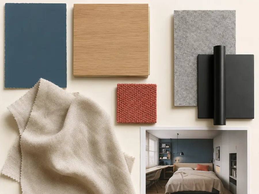 Palette bleu pétrole, chêne clair, écru, corail et feutre gris
