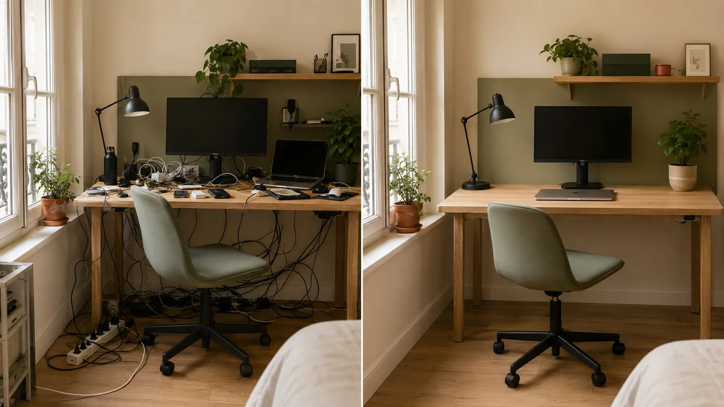 Petit bureau organisé avec câbles dissimulés