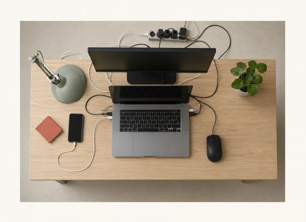 Vue de dessus d’un petit bureau avec plusieurs sources de désordre électrique