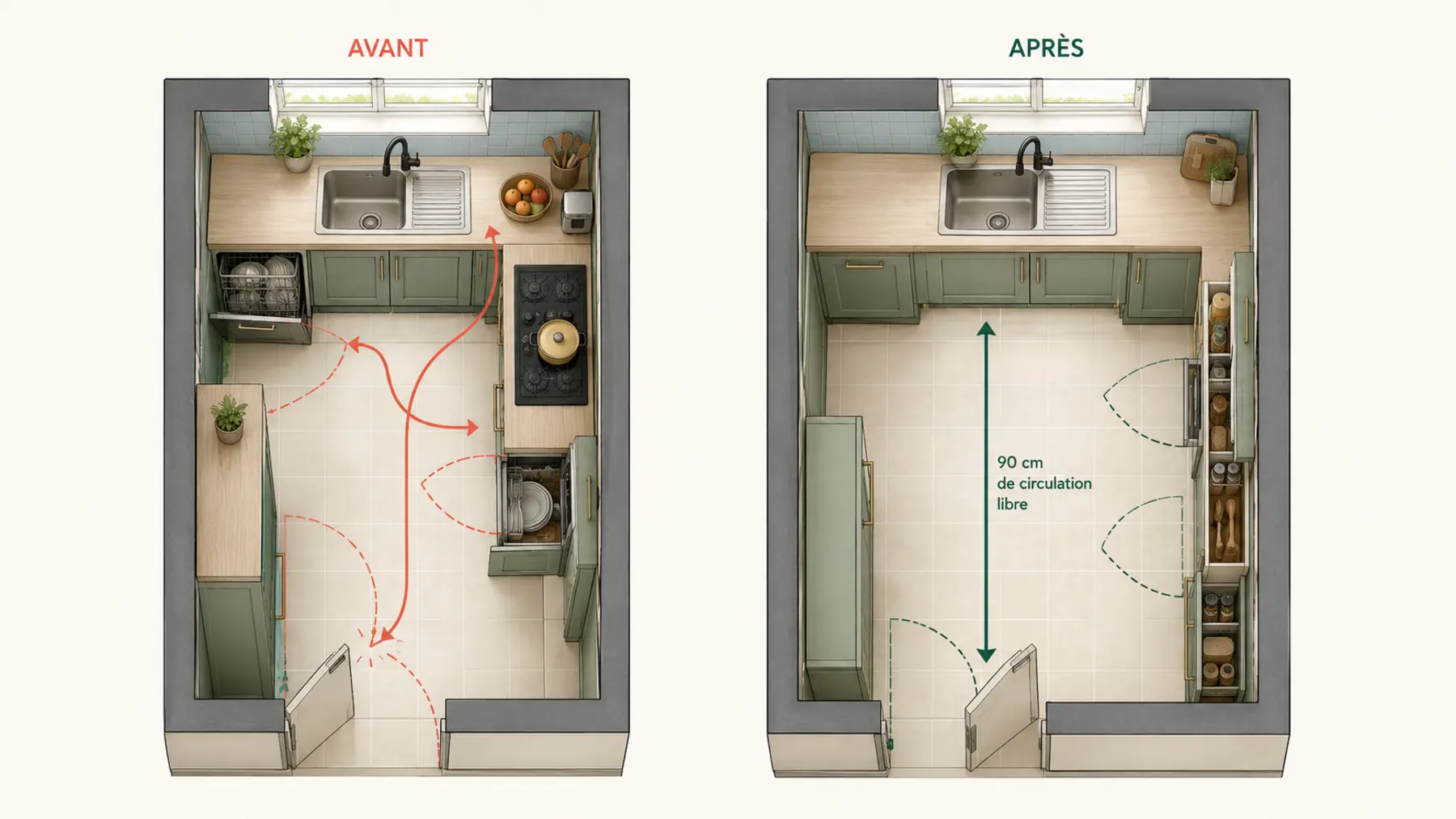 Avant après d’un plan de petite cuisine optimisé