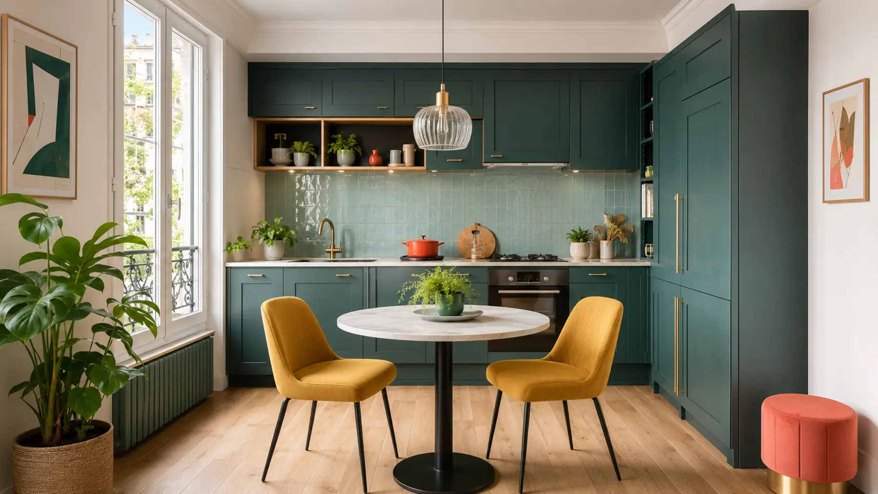 Petite cuisine vert profond avec coin repas et rangements toute hauteur
