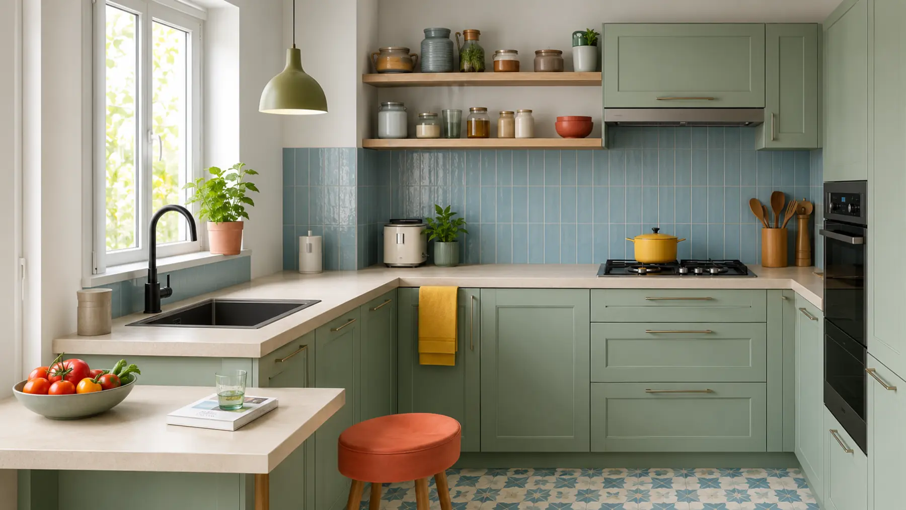 Petite cuisine verte avec rangements optimisés et circulation dégagée