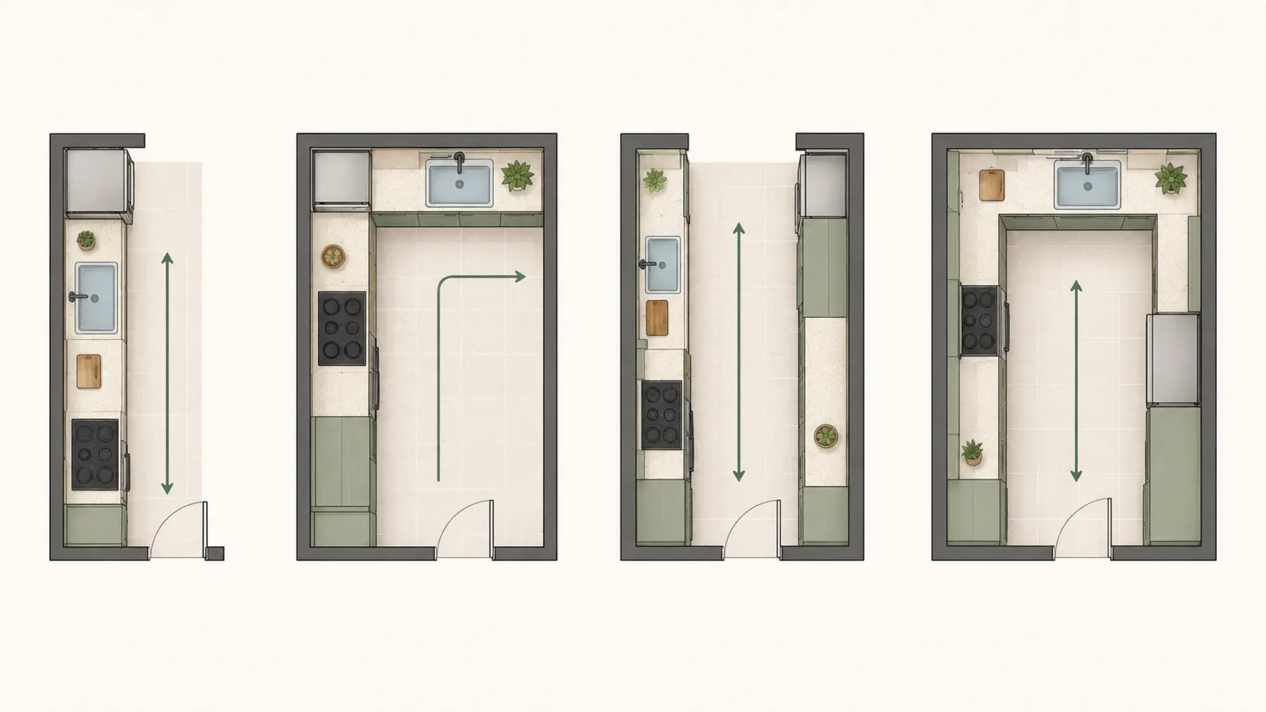 Plans de cuisines en I, L, parallèle et U compact