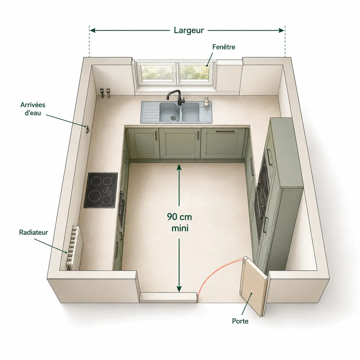 Plan axonométrique avec largeur, porte, fenêtre, radiateur et passage de 90 cm
